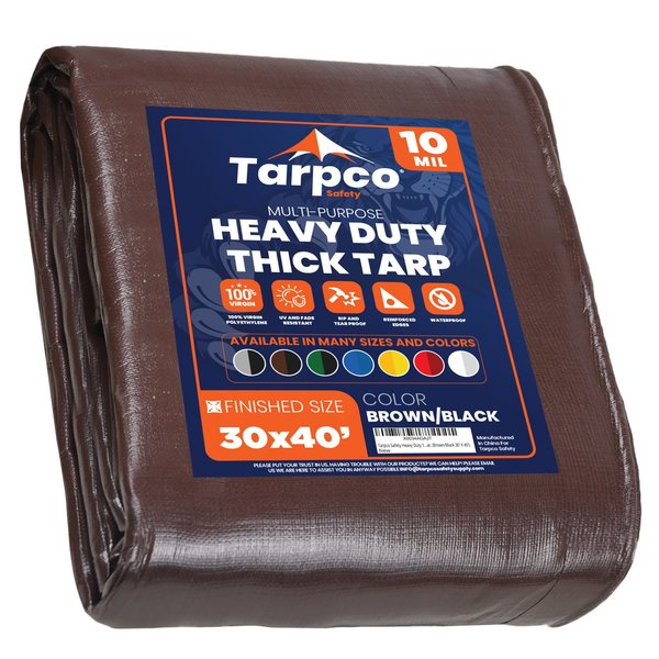 Tarpco Safety 40 ft L x 0.5 mm H x 30 ft W Heavy Duty 10 Mil Tarp, Brown/Black, Polyethylene TS-152-30X40